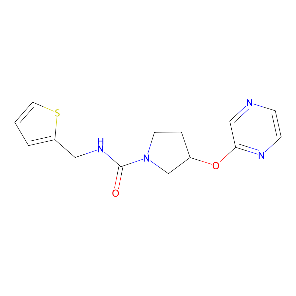 3-(pyrazin-2-yloxy)-N-(thiophen-2-ylmethyl)pyrrolidine-1-carboxamide molecular structure, CAS 2034321-81-6