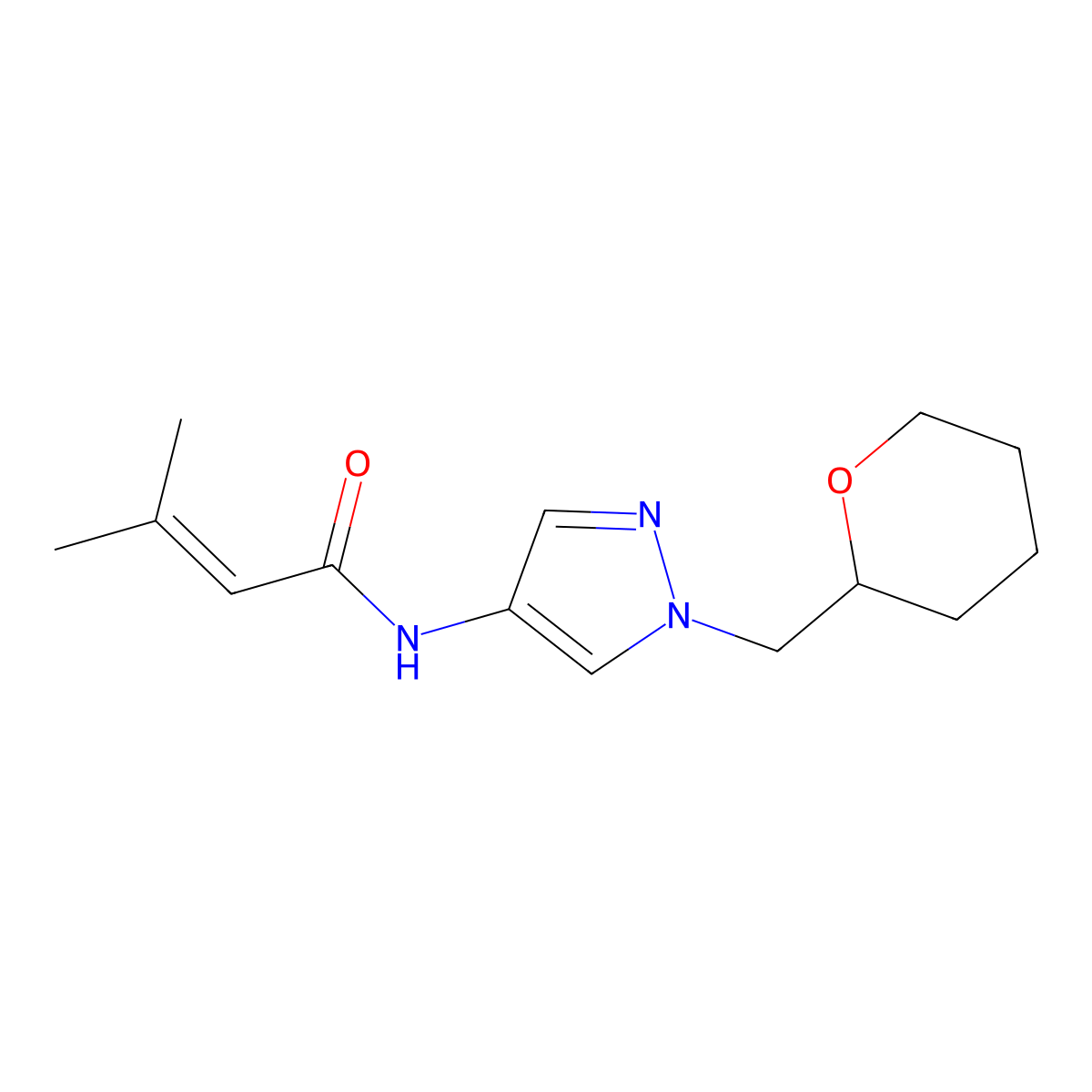 3-methyl-N-(1-((tetrahydro-2H-pyran-2-yl)methyl)-1H-pyrazol-4-yl)but-2-enamide molecular structure, CAS 2034321-90-7