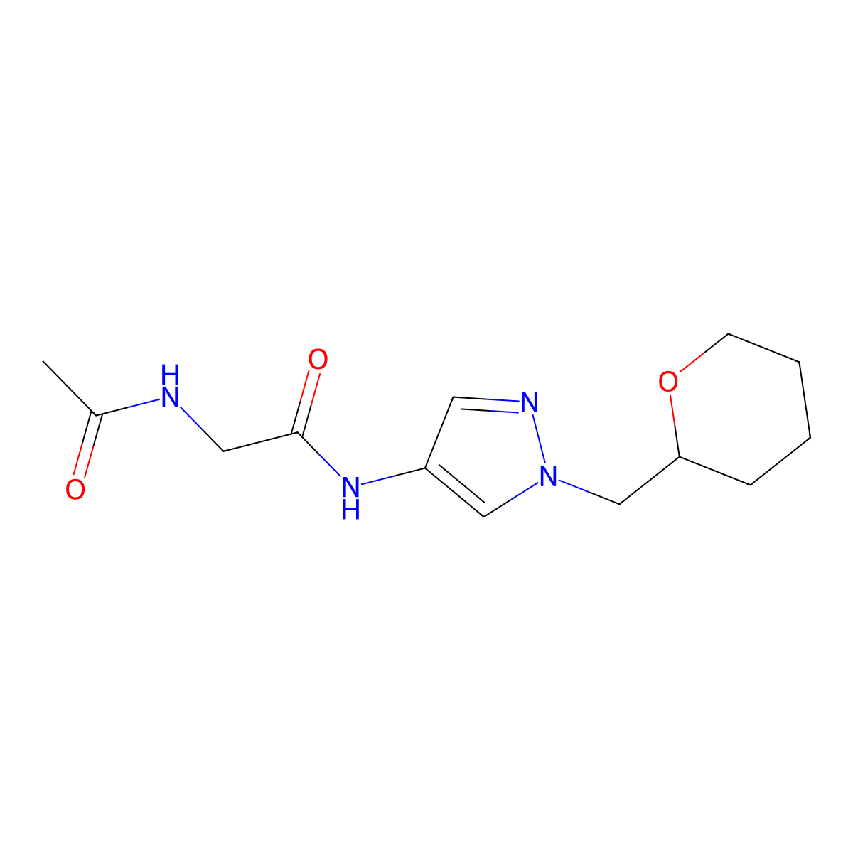 2-acetamido-N-(1-((tetrahydro-2H-pyran-2-yl)methyl)-1H-pyrazol-4-yl)acetamide molecular structure, CAS 2034322-03-5