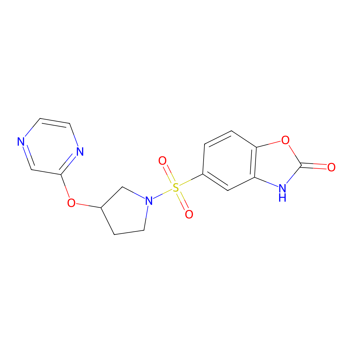 5-((3-(pyrazin-2-yloxy)pyrrolidin-1-yl)sulfonyl)benzo[d]oxazol-2(3H)-one molecular structure, CAS 2034322-14-8