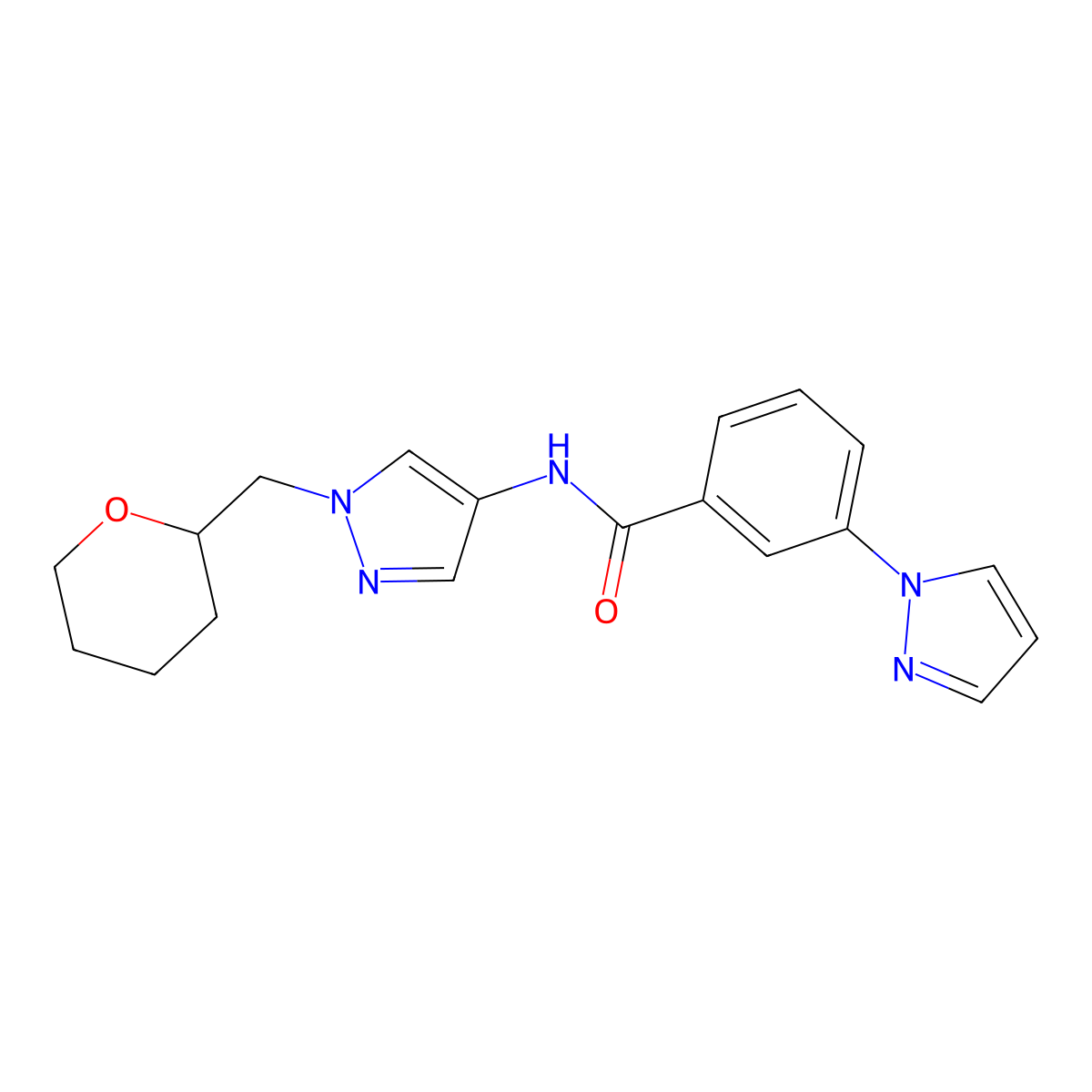 3-(1H-pyrazol-1-yl)-N-(1-((tetrahydro-2H-pyran-2-yl)methyl)-1H-pyrazol-4-yl)benzamide molecular structure, CAS 2034322-19-3