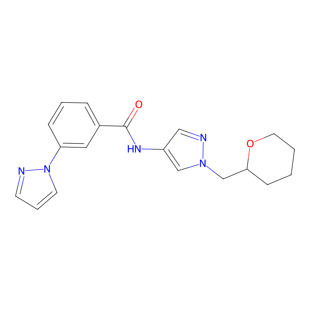 3-(1H-pyrazol-1-yl)-N-(1-((tetrahydro-2H-pyran-2-yl)methyl)-1H-pyrazol-4-yl)benzamide molecular structure, CAS 2034322-19-3