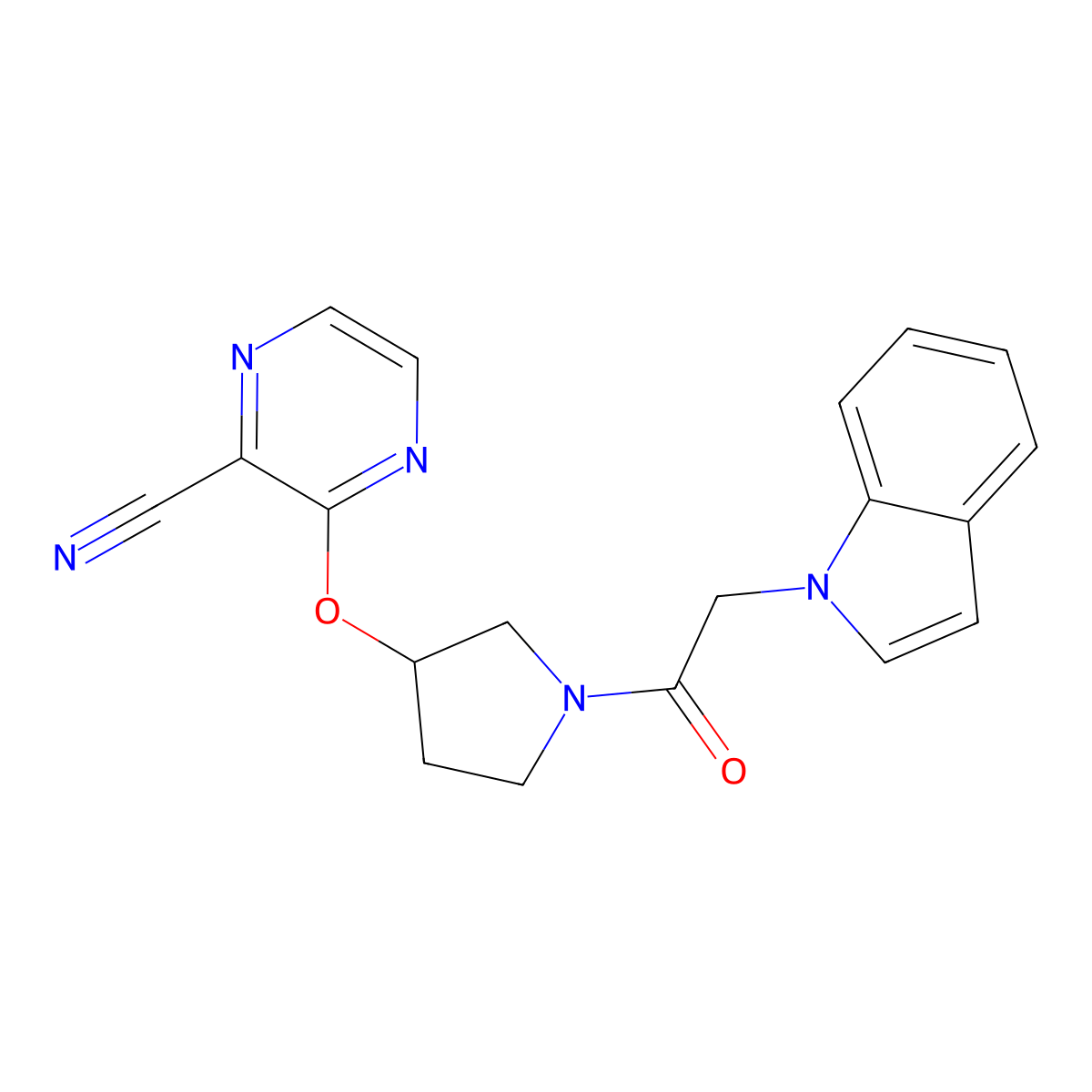 3-((1-(2-(1H-indol-1-yl)acetyl)pyrrolidin-3-yl)oxy)pyrazine-2-carbonitrile molecular structure, CAS 2034322-24-0