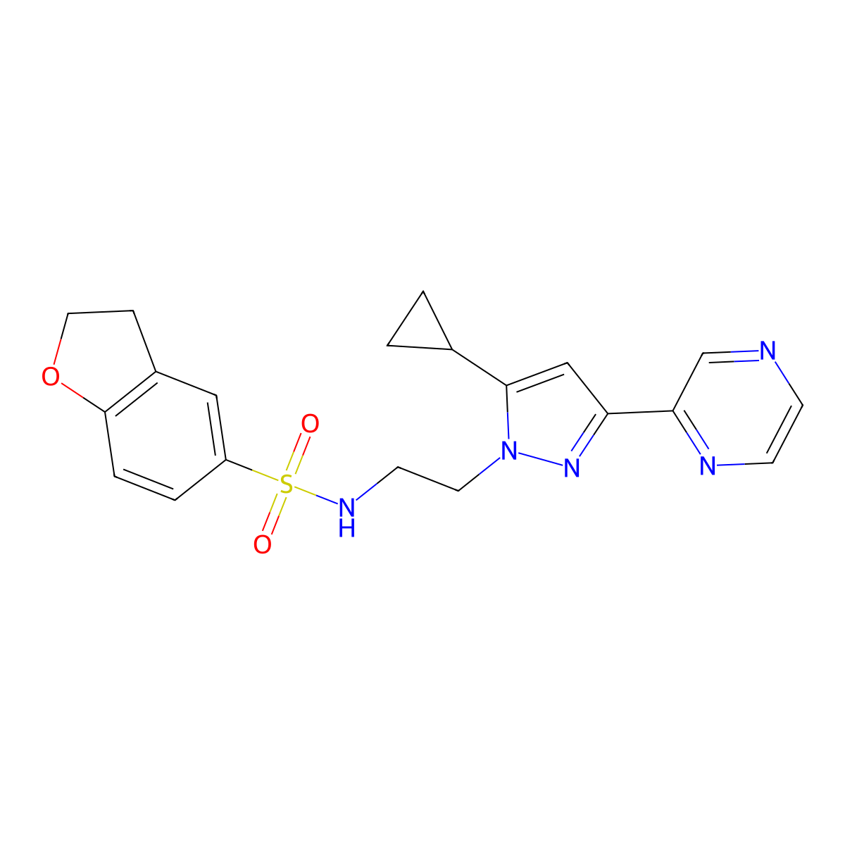 N-(2-(5-cyclopropyl-3-(pyrazin-2-yl)-1H-pyrazol-1-yl)ethyl)-2,3-dihydrobenzofuran-5-sulfonamide molecular structure, CAS 2034322-38-6