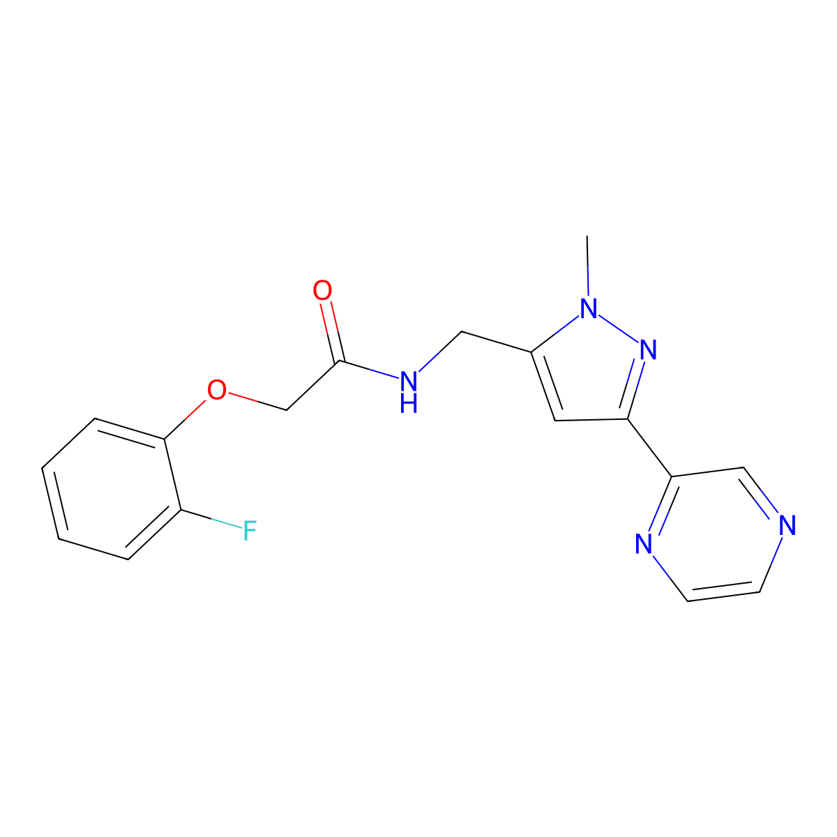 2-(2-fluorophenoxy)-N-{[1-methyl-3-(pyrazin-2-yl)-1H-pyrazol-5-yl]methyl}acetamide molecular structure, CAS 2034322-46-6