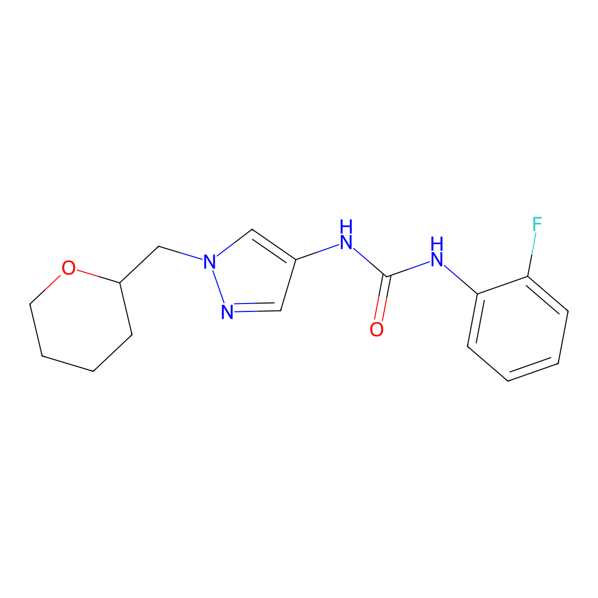 1-(2-fluorophenyl)-3-(1-((tetrahydro-2H-pyran-2-yl)methyl)-1H-pyrazol-4-yl)urea molecular structure, CAS 2034322-51-3