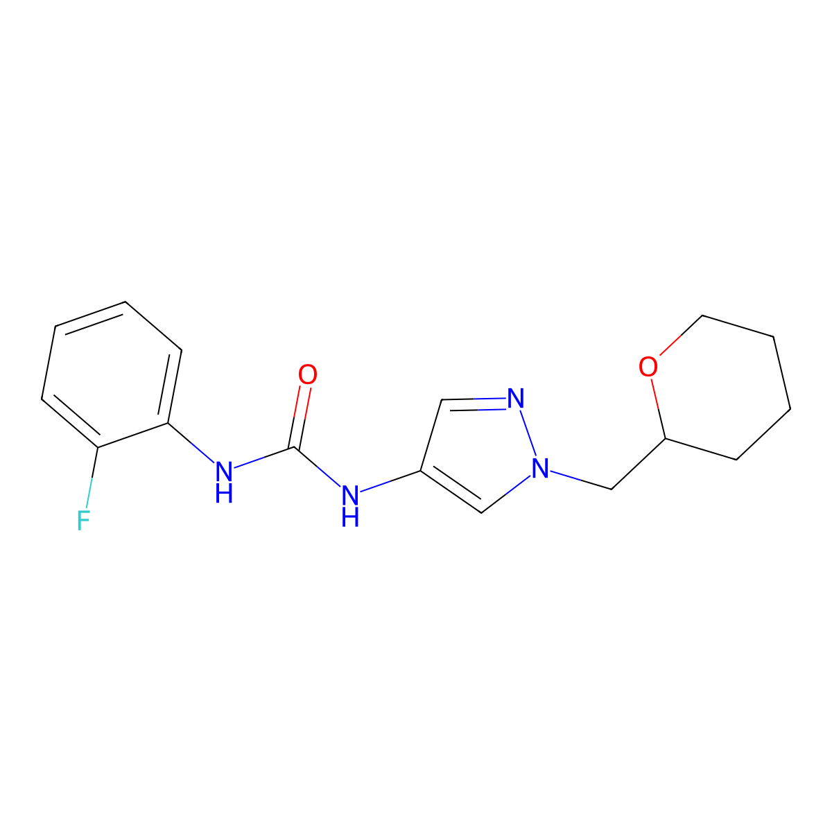 1-(2-fluorophenyl)-3-(1-((tetrahydro-2H-pyran-2-yl)methyl)-1H-pyrazol-4-yl)urea molecular structure, CAS 2034322-51-3