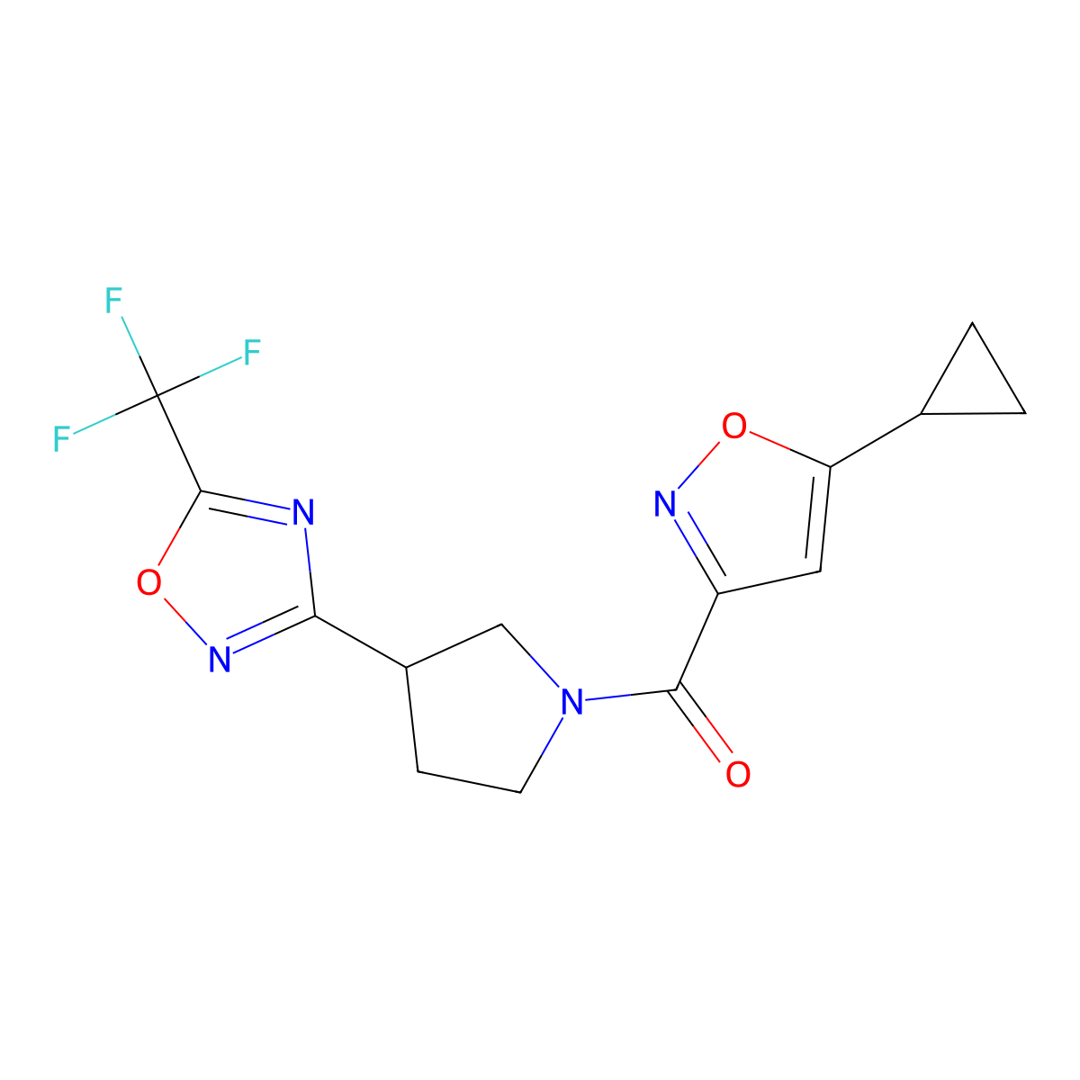 (5-Cyclopropylisoxazol-3-yl)(3-(5-(trifluoromethyl)-1,2,4-oxadiazol-3-yl)pyrrolidin-1-yl)methanone molecular structure, CAS 2034322-54-6