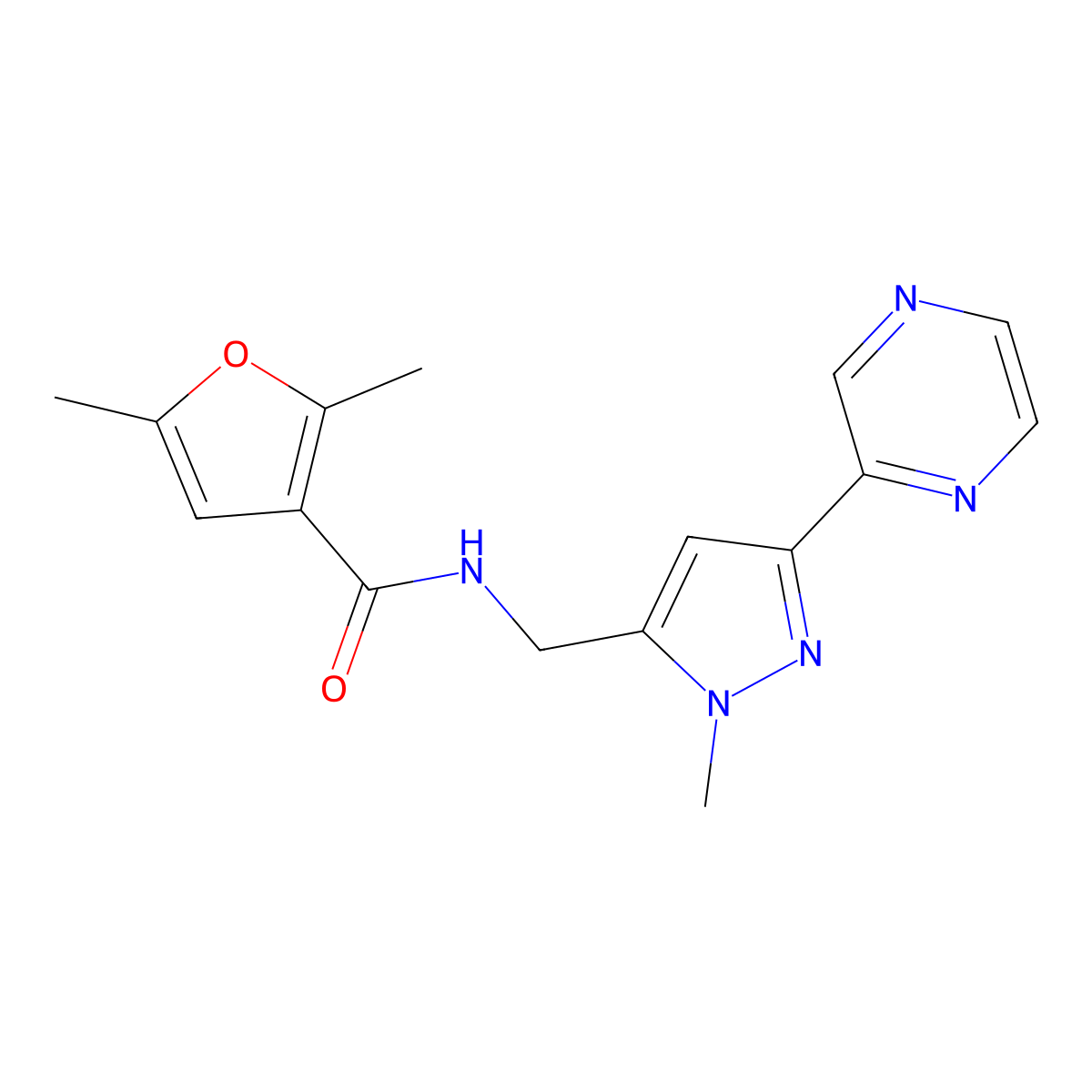 2,5-dimethyl-N-((1-methyl-3-(pyrazin-2-yl)-1H-pyrazol-5-yl)methyl)furan-3-carboxamide molecular structure, CAS 2034322-56-8