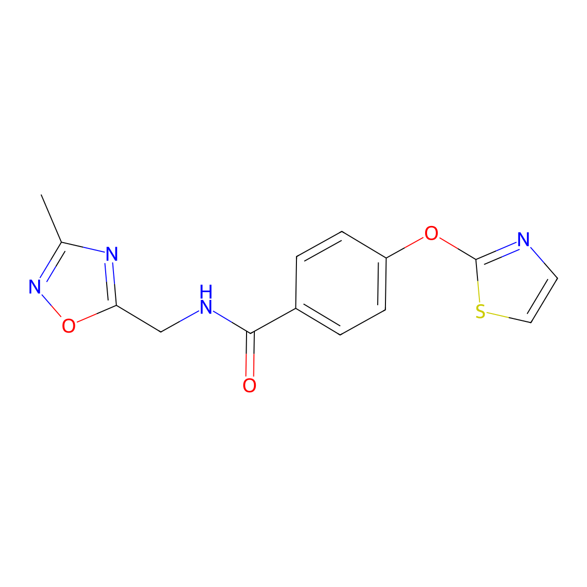 N-((3-methyl-1,2,4-oxadiazol-5-yl)methyl)-4-(thiazol-2-yloxy)benzamide molecular structure, CAS 2034322-58-0