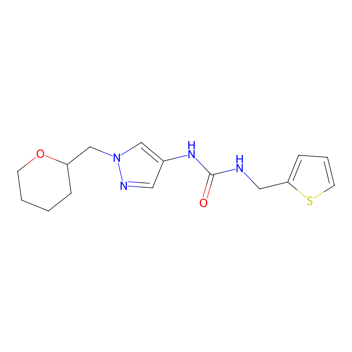 1-(1-((tetrahydro-2H-pyran-2-yl)methyl)-1H-pyrazol-4-yl)-3-(thiophen-2-ylmethyl)urea molecular structure, CAS 2034322-64-8
