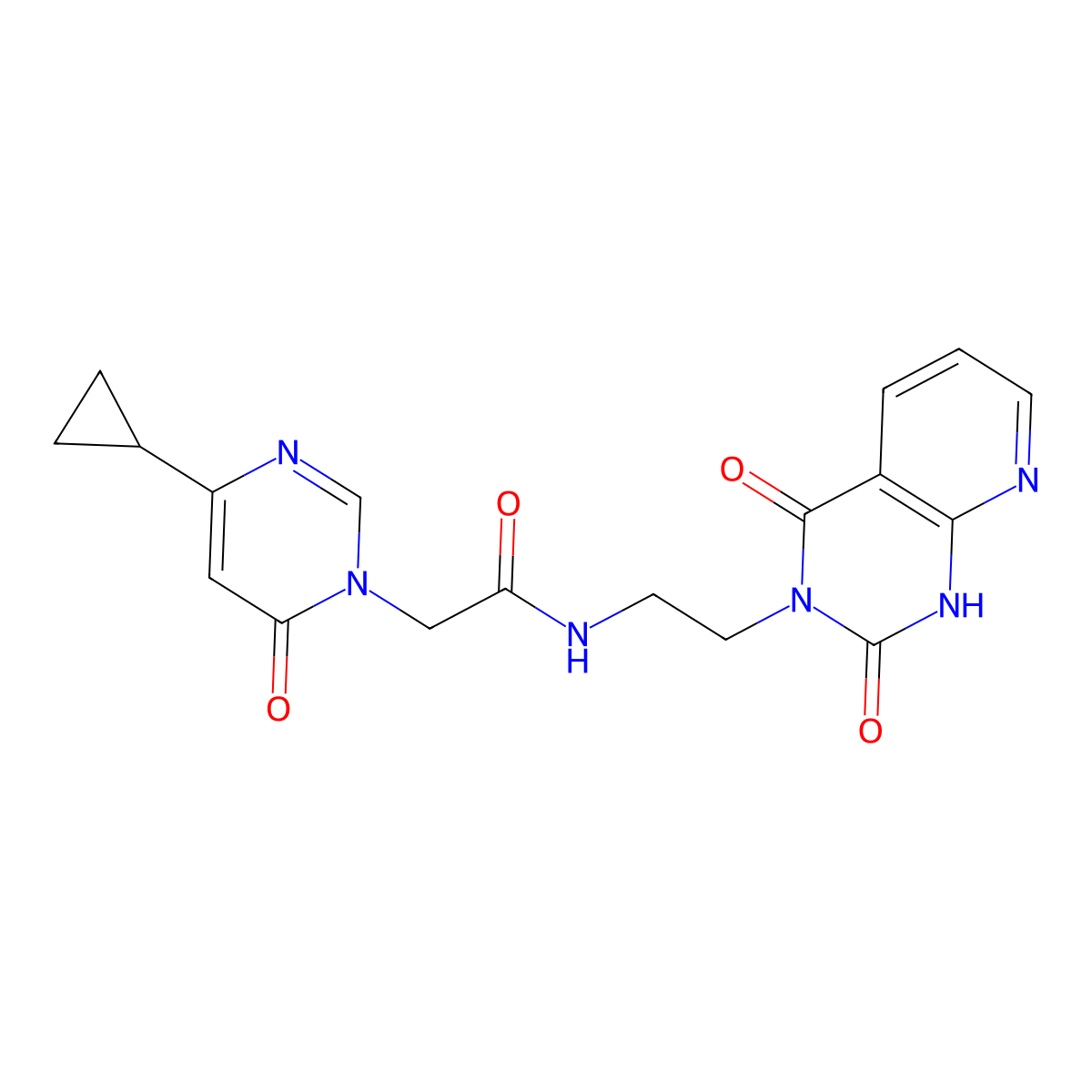 2-(4-cyclopropyl-6-oxopyrimidin-1(6H)-yl)-N-(2-(2,4-dioxo-1,2-dihydropyrido[2,3-d]pyrimidin-3(4H)-yl)ethyl)acetamide molecular structure, CAS 2034322-67-1