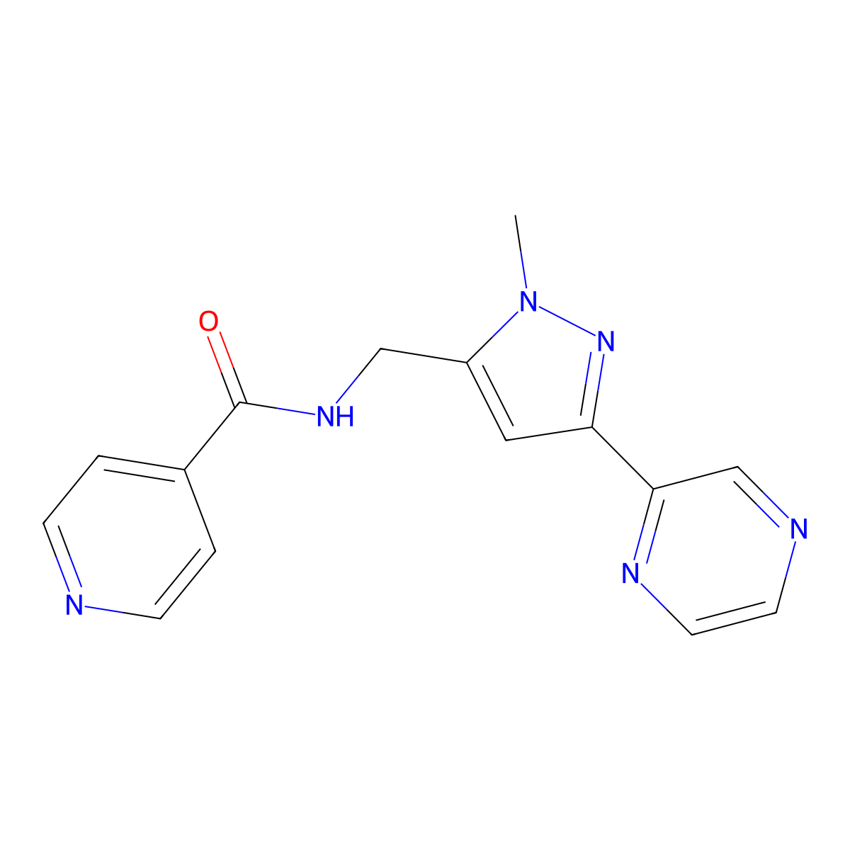 N-((1-methyl-3-(pyrazin-2-yl)-1H-pyrazol-5-yl)methyl)isonicotinamide molecular structure, CAS 2034322-70-6