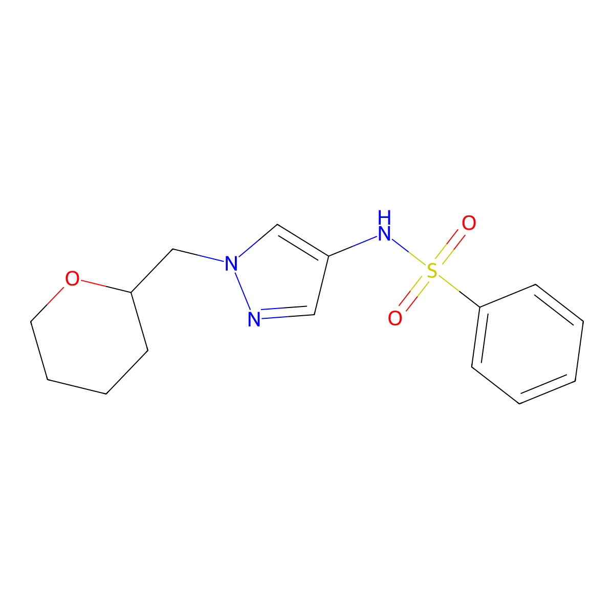 N-(1-((tetrahydro-2H-pyran-2-yl)methyl)-1H-pyrazol-4-yl)benzenesulfonamide molecular structure, CAS 2034322-71-7