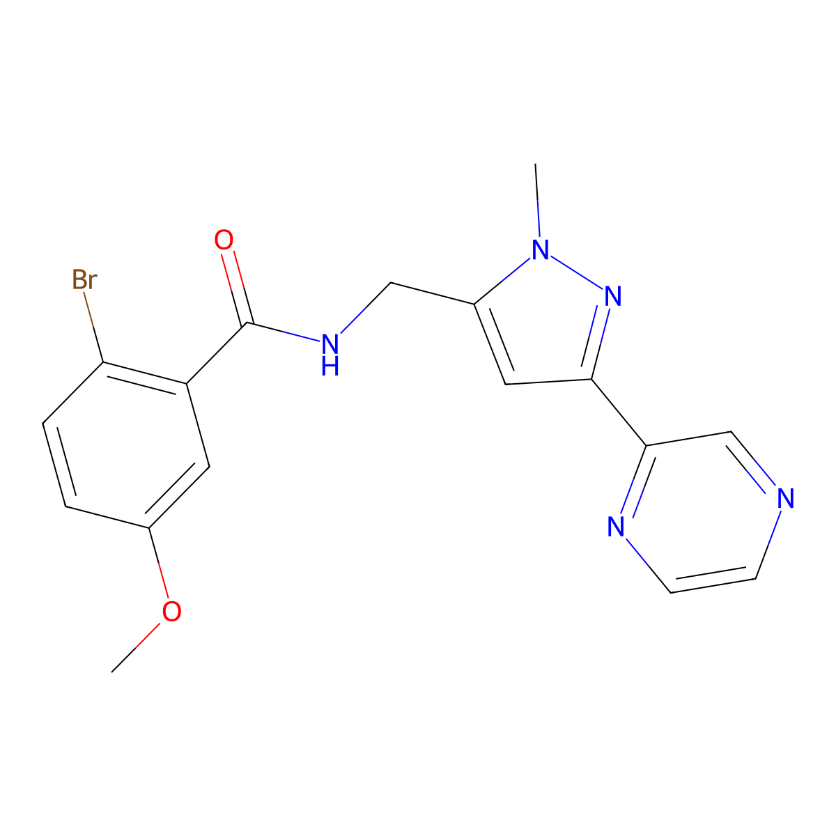 2-bromo-5-methoxy-N-((1-methyl-3-(pyrazin-2-yl)-1H-pyrazol-5-yl)methyl)benzamide molecular structure, CAS 2034322-78-4