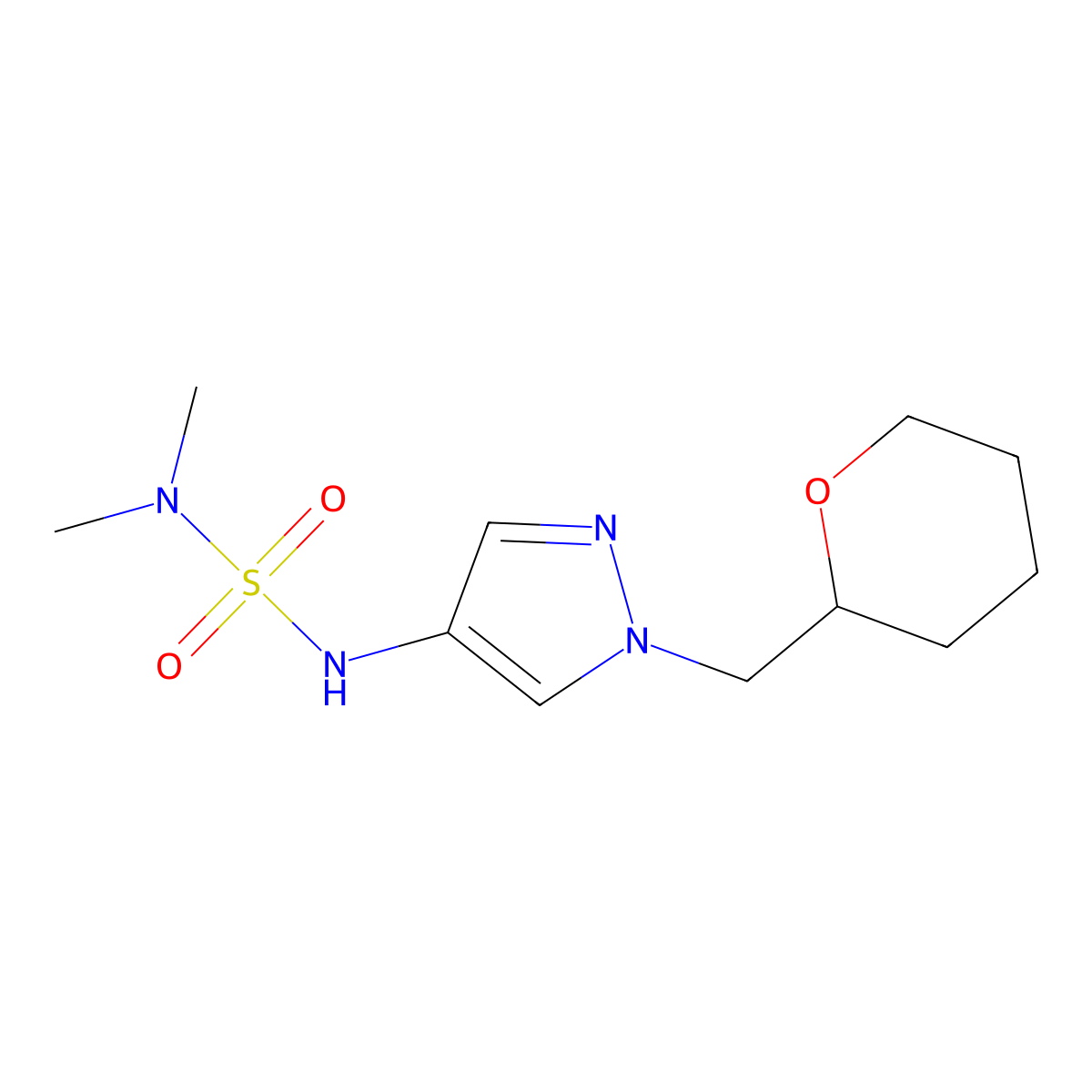 dimethyl({1-[(oxan-2-yl)methyl]-1H-pyrazol-4-yl}sulfamoyl)amine molecular structure, CAS 2034322-79-5