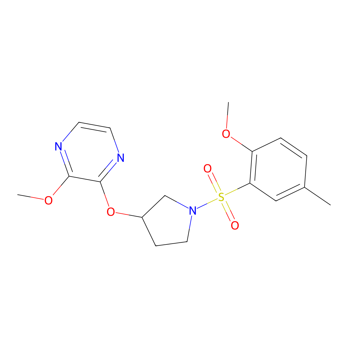 2-Methoxy-3-((1-((2-methoxy-5-methylphenyl)sulfonyl)pyrrolidin-3-yl)oxy)pyrazine molecular structure, CAS 2034322-80-8