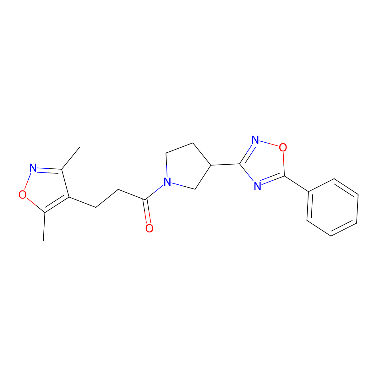 3-(3,5-Dimethylisoxazol-4-yl)-1-(3-(5-phenyl-1,2,4-oxadiazol-3-yl)pyrrolidin-1-yl)propan-1-one molecular structure, CAS 2034322-81-9