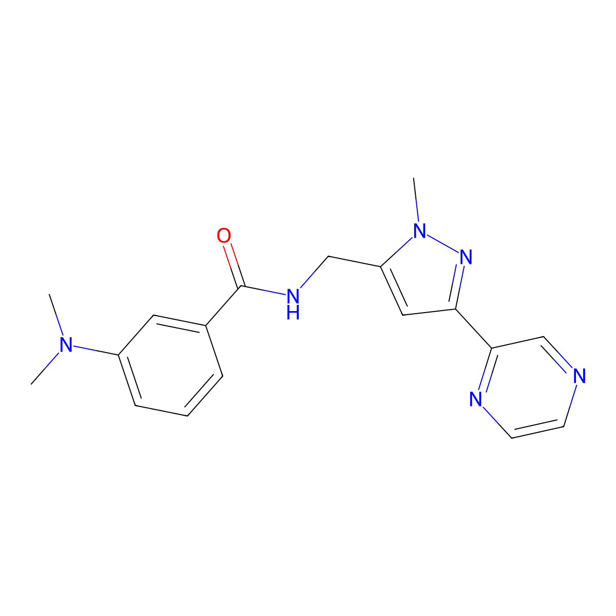 3-(dimethylamino)-N-((1-methyl-3-(pyrazin-2-yl)-1H-pyrazol-5-yl)methyl)benzamide molecular structure, CAS 2034322-84-2