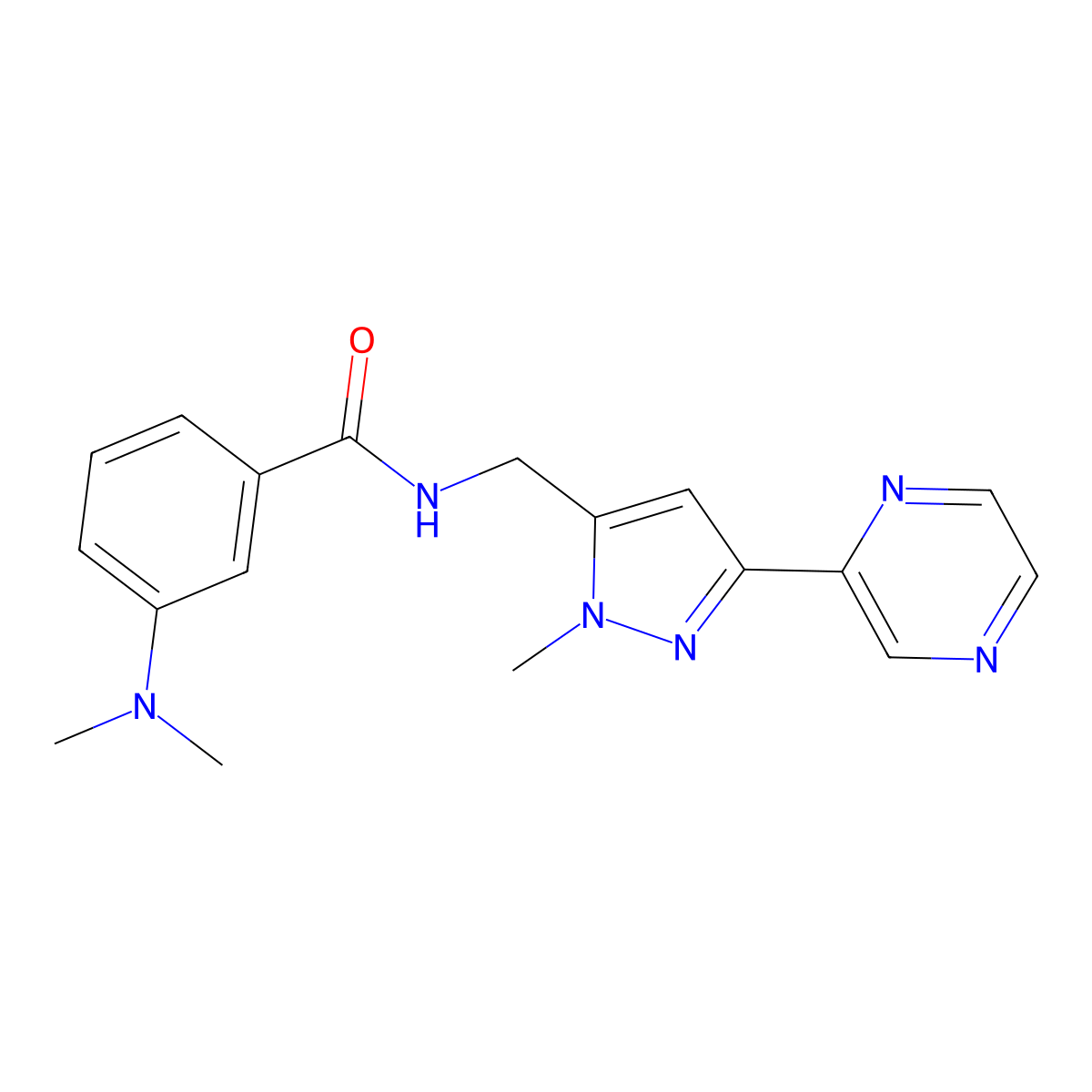 3-(dimethylamino)-N-((1-methyl-3-(pyrazin-2-yl)-1H-pyrazol-5-yl)methyl)benzamide molecular structure, CAS 2034322-84-2