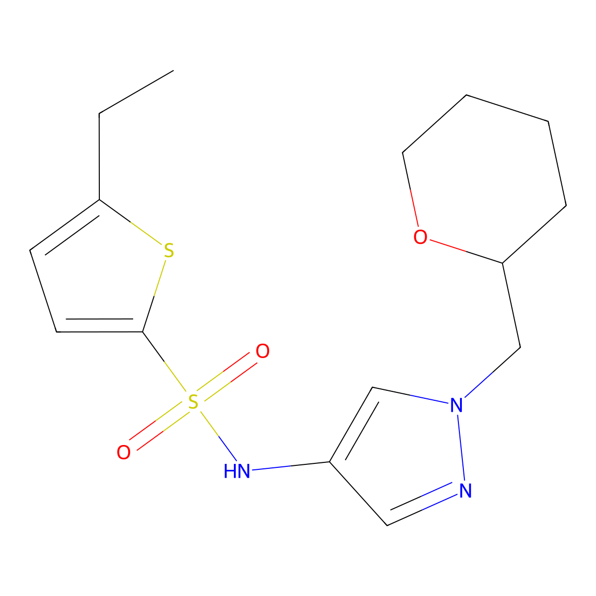 5-ethyl-N-(1-((tetrahydro-2H-pyran-2-yl)methyl)-1H-pyrazol-4-yl)thiophene-2-sulfonamide molecular structure, CAS 2034322-85-3