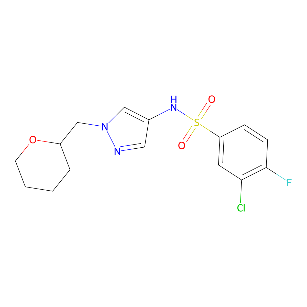 3-chloro-4-fluoro-N-(1-((tetrahydro-2H-pyran-2-yl)methyl)-1H-pyrazol-4-yl)benzenesulfonamide molecular structure, CAS 2034322-93-3
