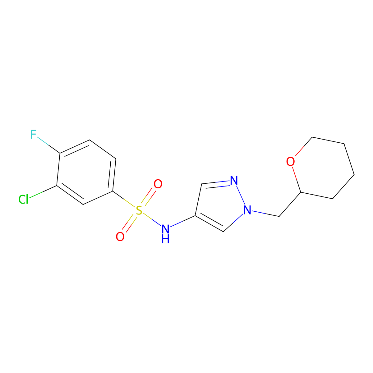 3-chloro-4-fluoro-N-(1-((tetrahydro-2H-pyran-2-yl)methyl)-1H-pyrazol-4-yl)benzenesulfonamide molecular structure, CAS 2034322-93-3