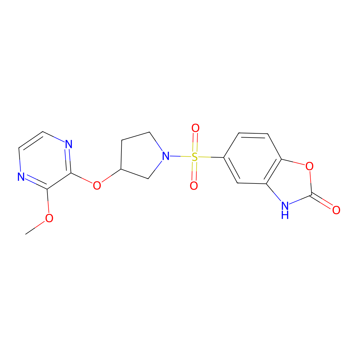 5-((3-((3-methoxypyrazin-2-yl)oxy)pyrrolidin-1-yl)sulfonyl)benzo[d]oxazol-2(3H)-one molecular structure, CAS 2034323-02-7