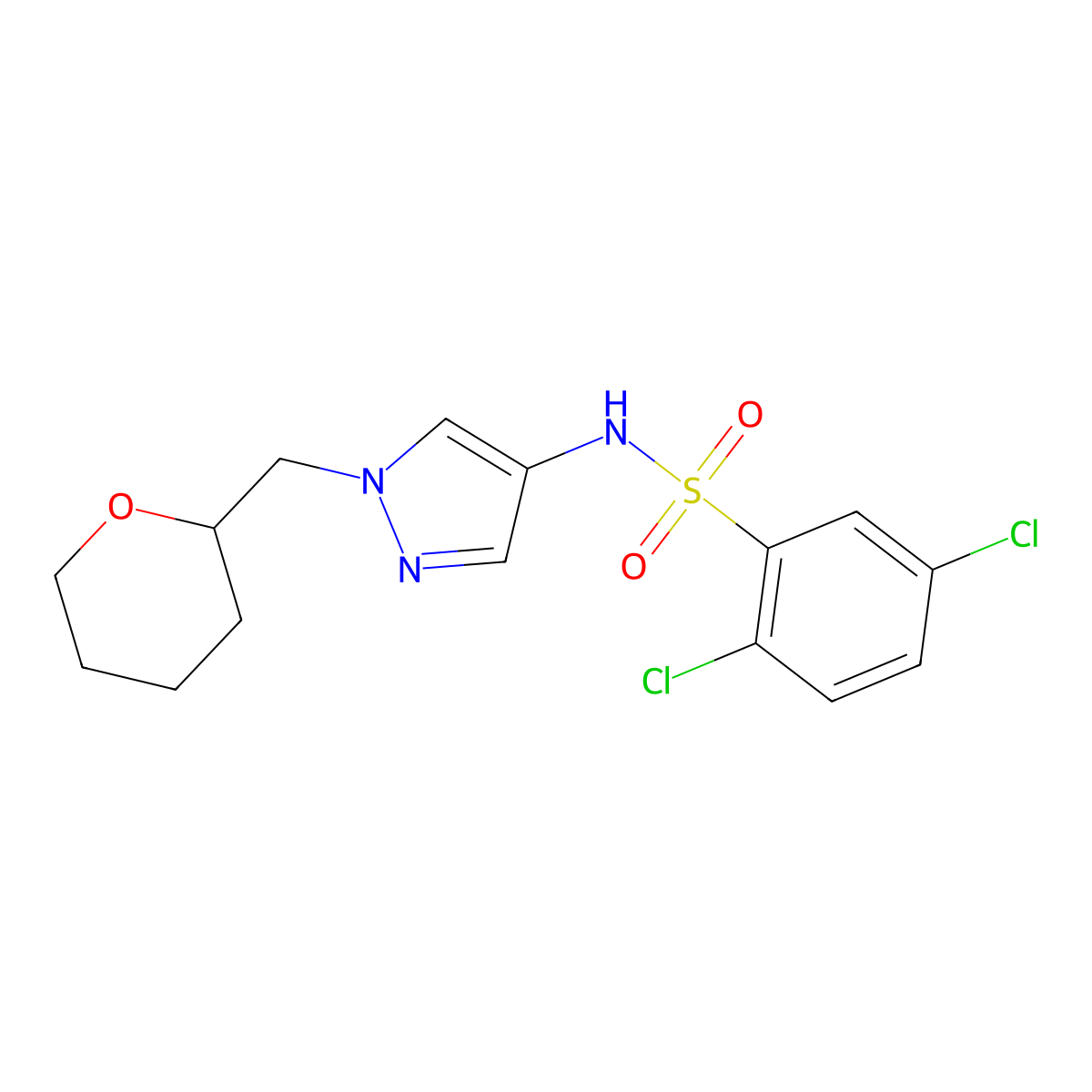 2,5-dichloro-N-(1-((tetrahydro-2H-pyran-2-yl)methyl)-1H-pyrazol-4-yl)benzenesulfonamide molecular structure, CAS 2034323-12-9