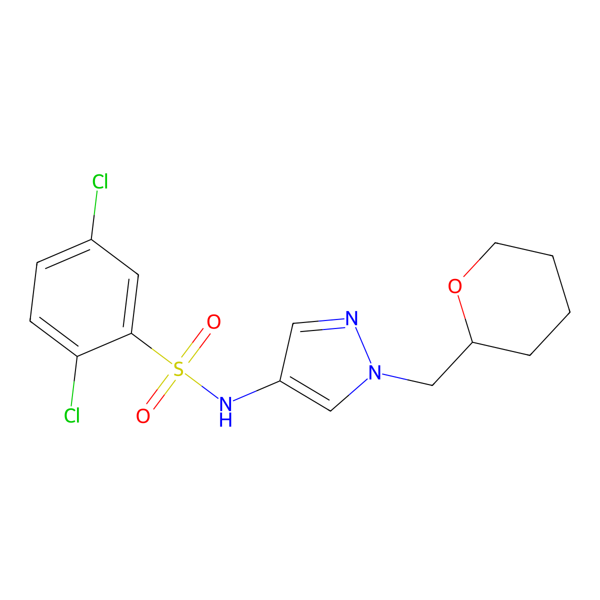 2,5-dichloro-N-(1-((tetrahydro-2H-pyran-2-yl)methyl)-1H-pyrazol-4-yl)benzenesulfonamide molecular structure, CAS 2034323-12-9
