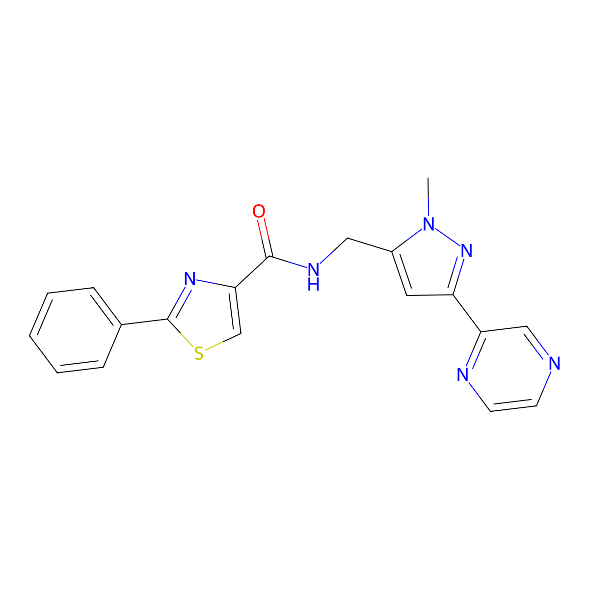 N-((1-methyl-3-(pyrazin-2-yl)-1H-pyrazol-5-yl)methyl)-2-phenylthiazole-4-carboxamide molecular structure, CAS 2034323-13-0