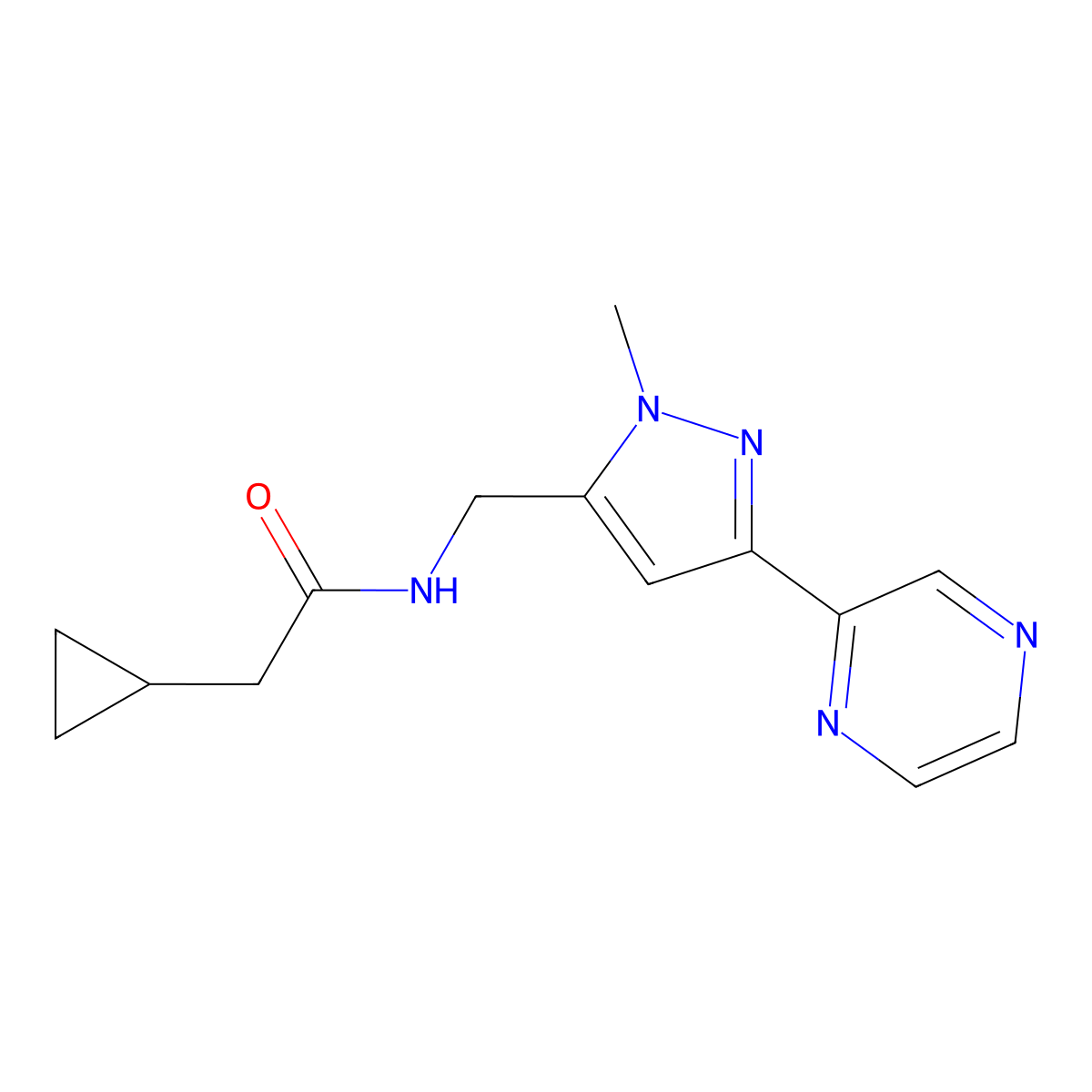2-cyclopropyl-N-{[1-methyl-3-(pyrazin-2-yl)-1H-pyrazol-5-yl]methyl}acetamide molecular structure, CAS 2034323-19-6