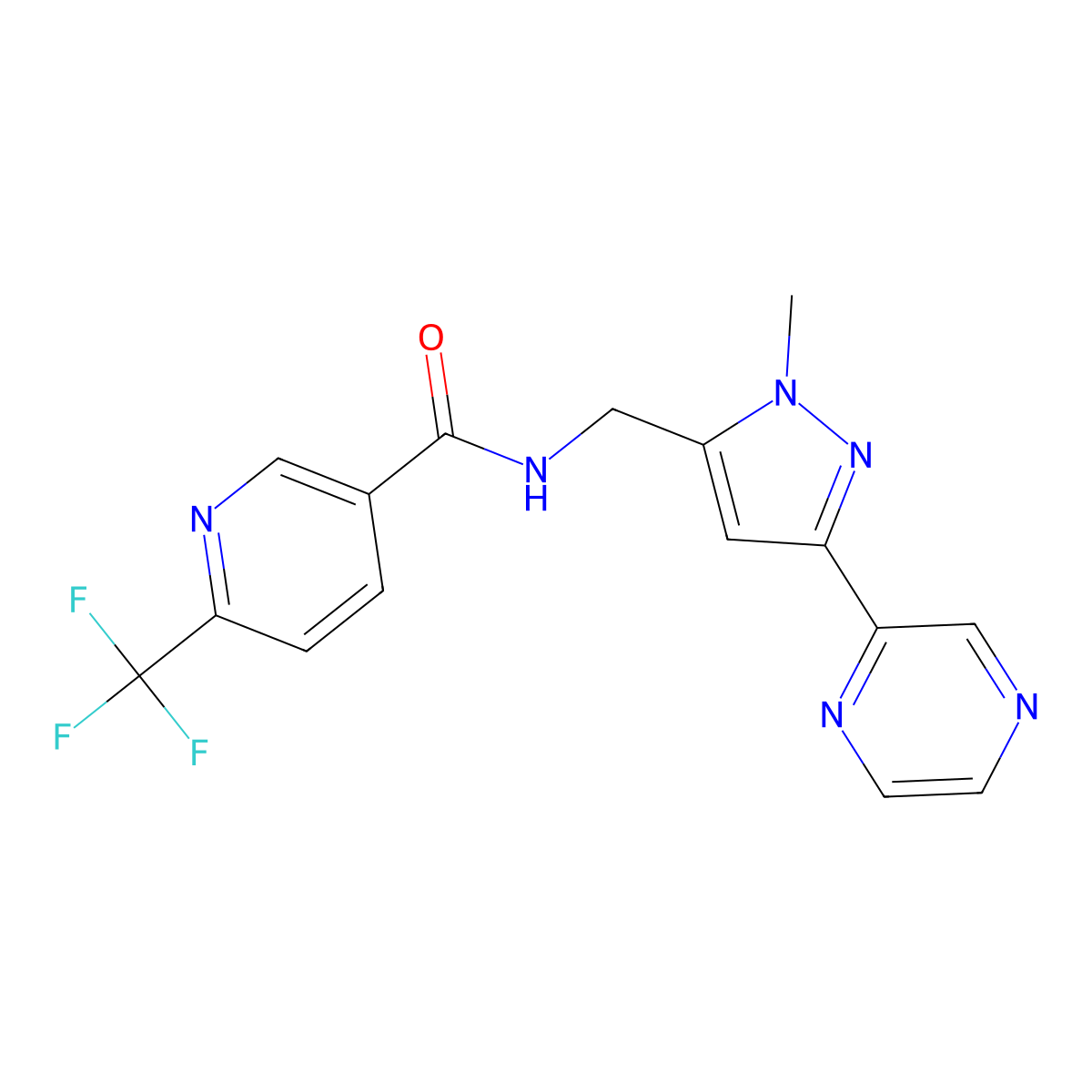 N-((1-methyl-3-(pyrazin-2-yl)-1H-pyrazol-5-yl)methyl)-6-(trifluoromethyl)nicotinamide molecular structure, CAS 2034323-24-3