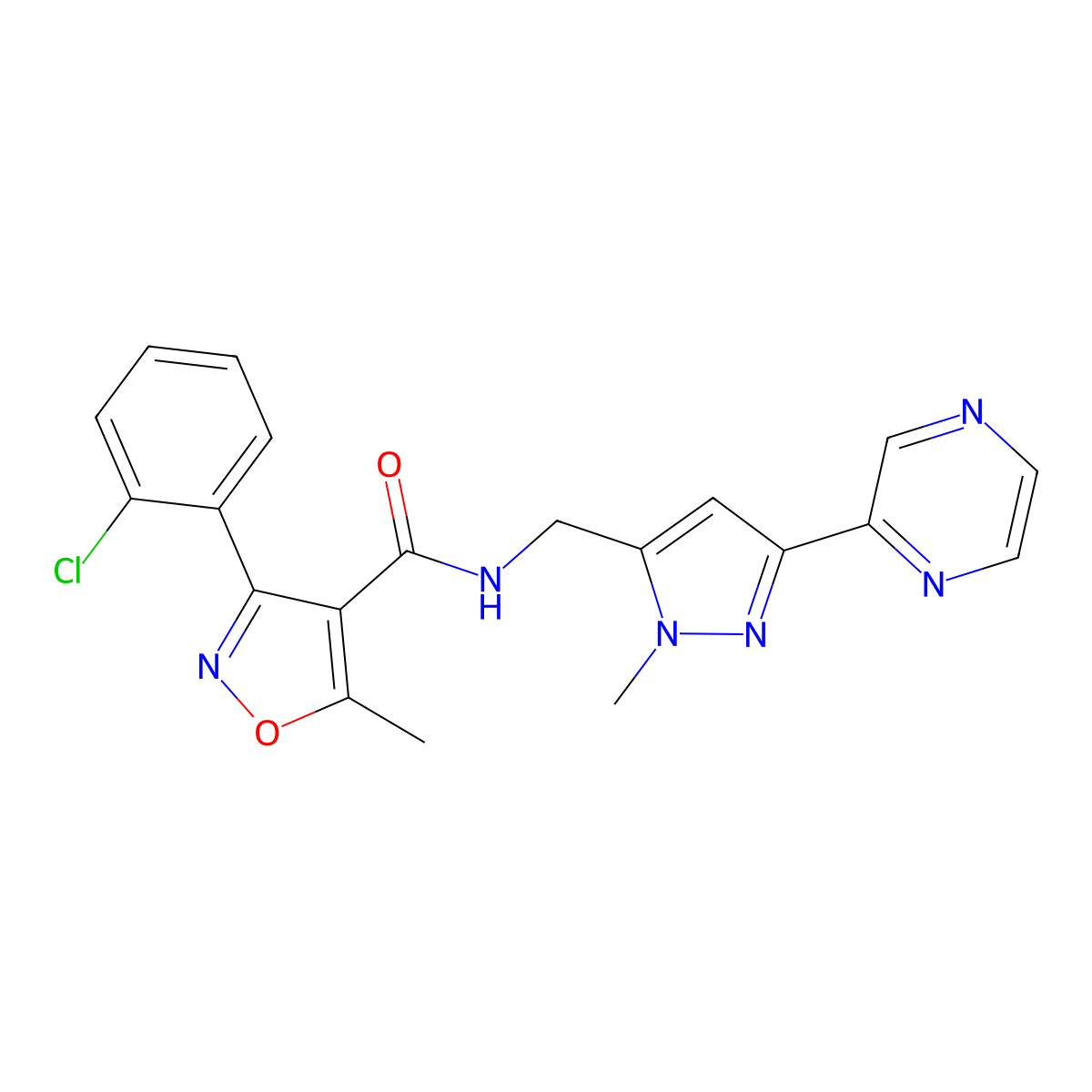 3-(2-chlorophenyl)-5-methyl-N-((1-methyl-3-(pyrazin-2-yl)-1H-pyrazol-5-yl)methyl)isoxazole-4-carboxamide molecular structure, CAS 2034323-38-9