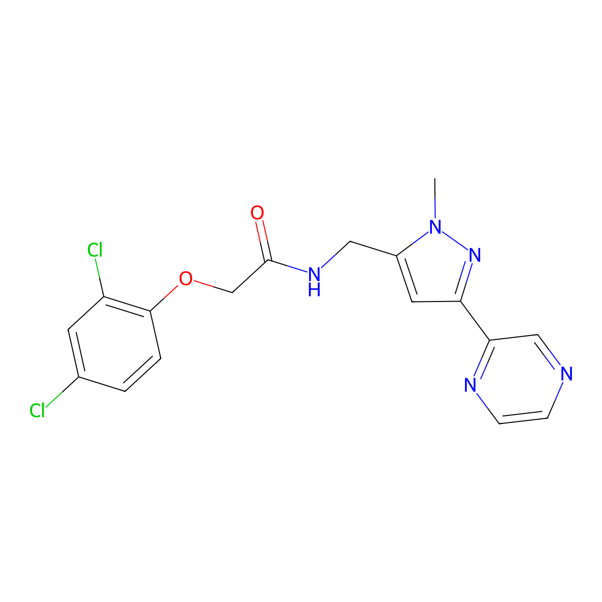 2-(2,4-dichlorophenoxy)-N-{[1-methyl-3-(pyrazin-2-yl)-1H-pyrazol-5-yl]methyl}acetamide molecular structure, CAS 2034323-43-6