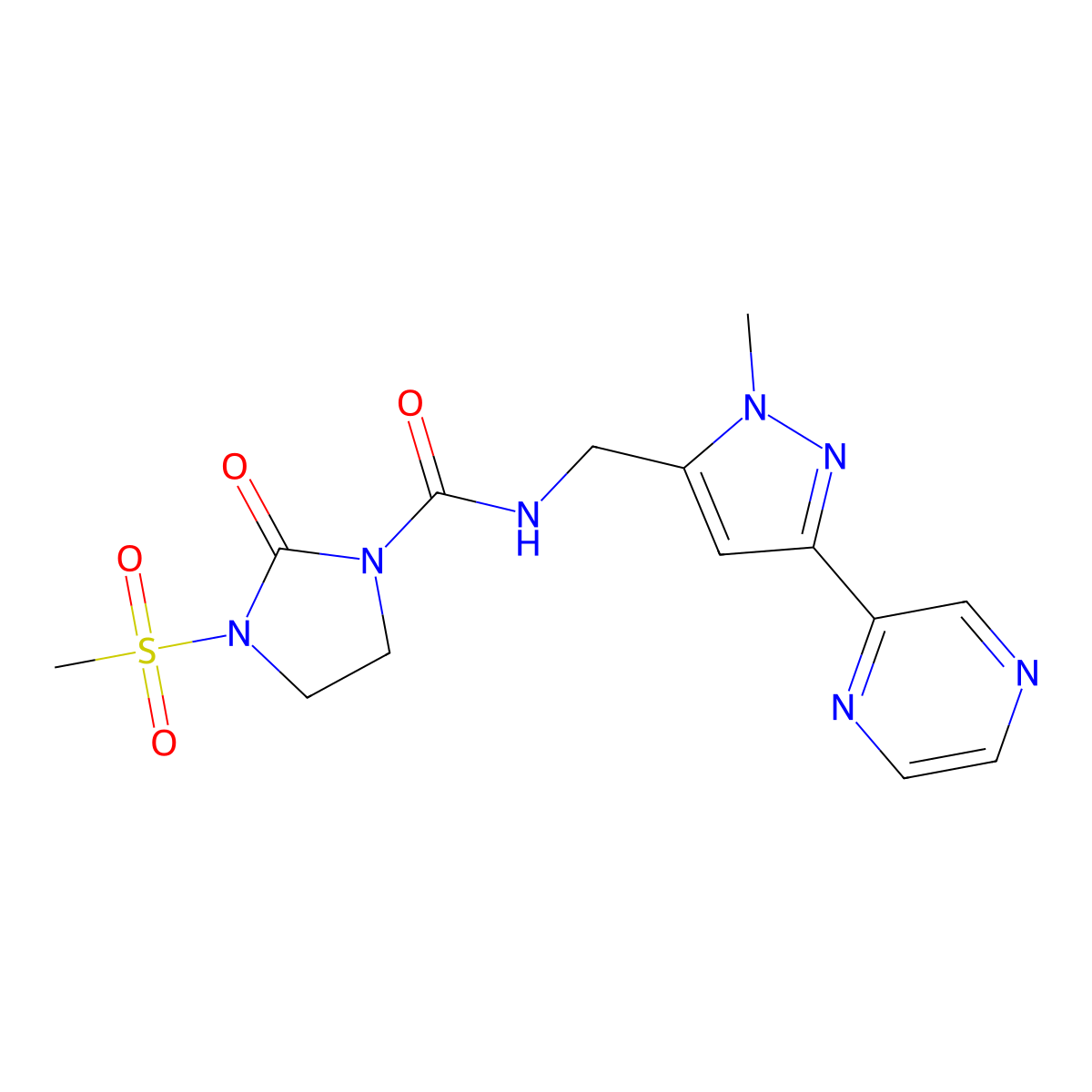 N-((1-methyl-3-(pyrazin-2-yl)-1H-pyrazol-5-yl)methyl)-3-(methylsulfonyl)-2-oxoimidazolidine-1-carboxamide molecular structure, CAS 2034323-48-1