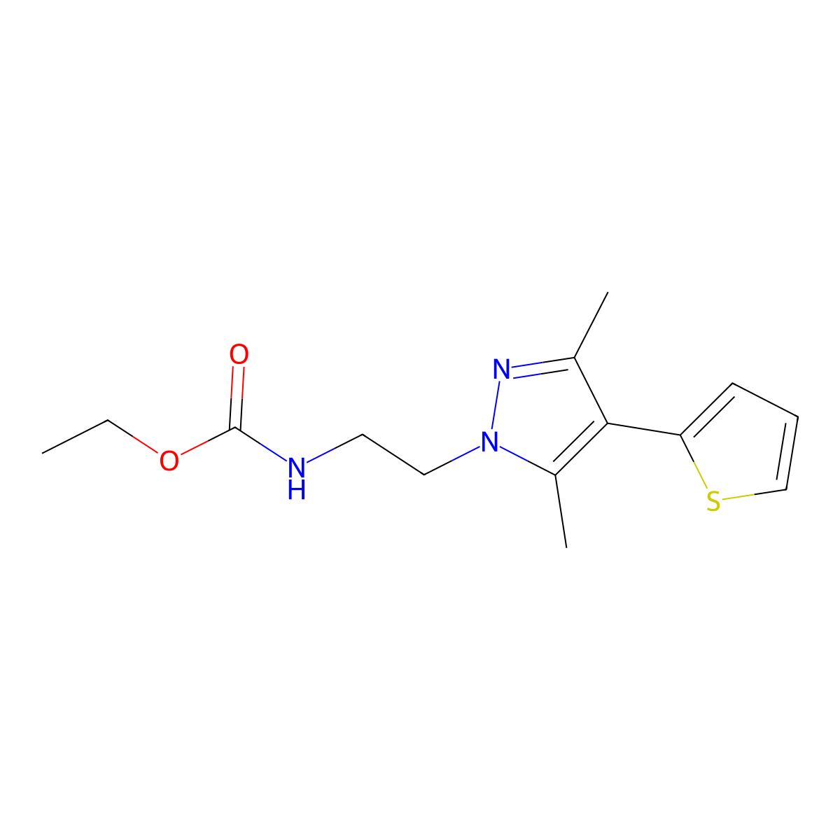 ethyl (2-(3,5-dimethyl-4-(thiophen-2-yl)-1H-pyrazol-1-yl)ethyl)carbamate molecular structure, CAS 2034323-50-5
