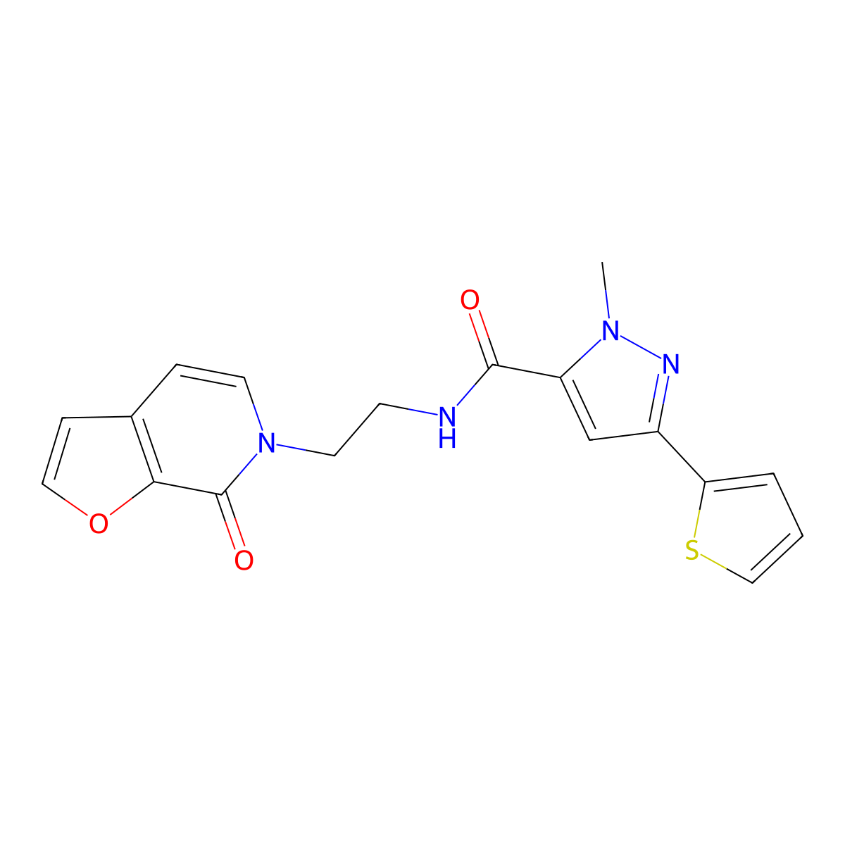 1-methyl-N-(2-(7-oxofuro[2,3-c]pyridin-6(7H)-yl)ethyl)-3-(thiophen-2-yl)-1H-pyrazole-5-carboxamide molecular structure, CAS 2034323-52-7
