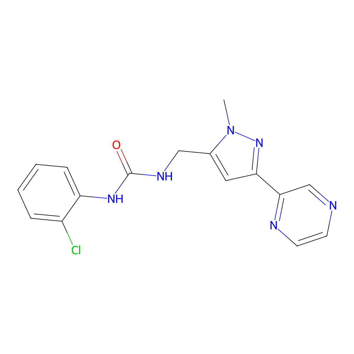 1-(2-chlorophenyl)-3-((1-methyl-3-(pyrazin-2-yl)-1H-pyrazol-5-yl)methyl)urea molecular structure, CAS 2034323-54-9