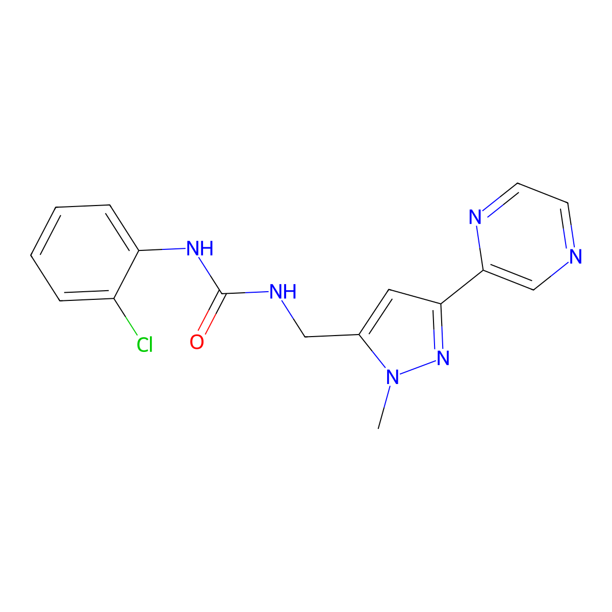 1-(2-chlorophenyl)-3-((1-methyl-3-(pyrazin-2-yl)-1H-pyrazol-5-yl)methyl)urea molecular structure, CAS 2034323-54-9