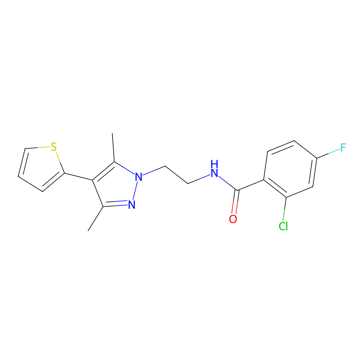 2-chloro-N-(2-(3,5-dimethyl-4-(thiophen-2-yl)-1H-pyrazol-1-yl)ethyl)-4-fluorobenzamide molecular structure, CAS 2034323-60-7