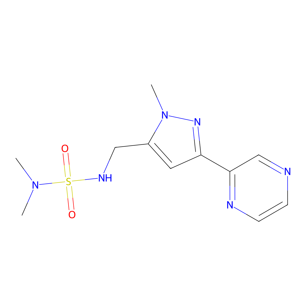 dimethyl({[1-methyl-3-(pyrazin-2-yl)-1H-pyrazol-5-yl]methyl}sulfamoyl)amine molecular structure, CAS 2034323-70-9