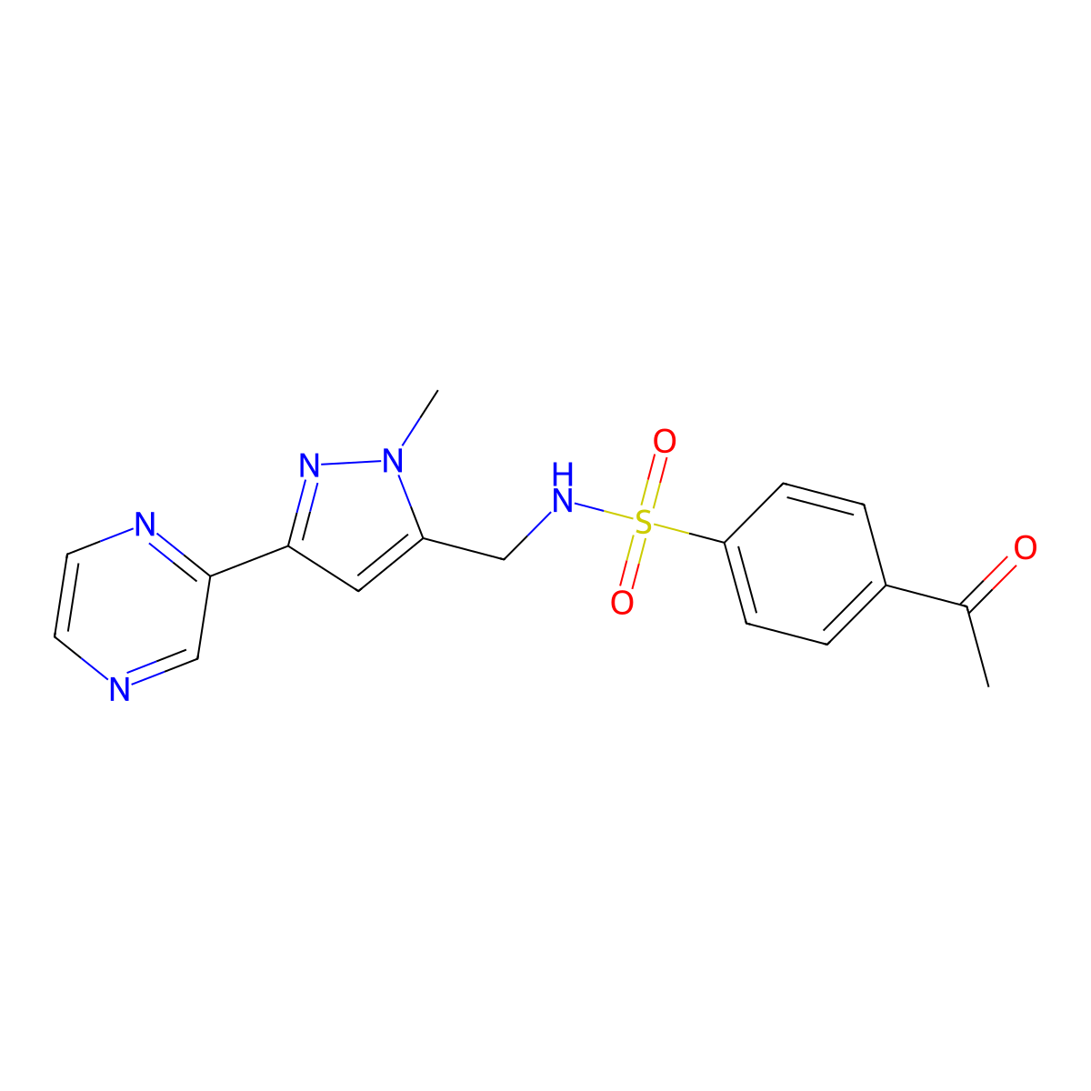 4-acetyl-N-((1-methyl-3-(pyrazin-2-yl)-1H-pyrazol-5-yl)methyl)benzenesulfonamide molecular structure, CAS 2034323-74-3