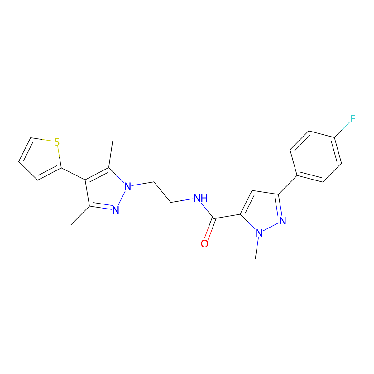N-(2-(3,5-dimethyl-4-(thiophen-2-yl)-1H-pyrazol-1-yl)ethyl)-3-(4-fluorophenyl)-1-methyl-1H-pyrazole-5-carboxamide molecular structure, CAS 2034323-75-4