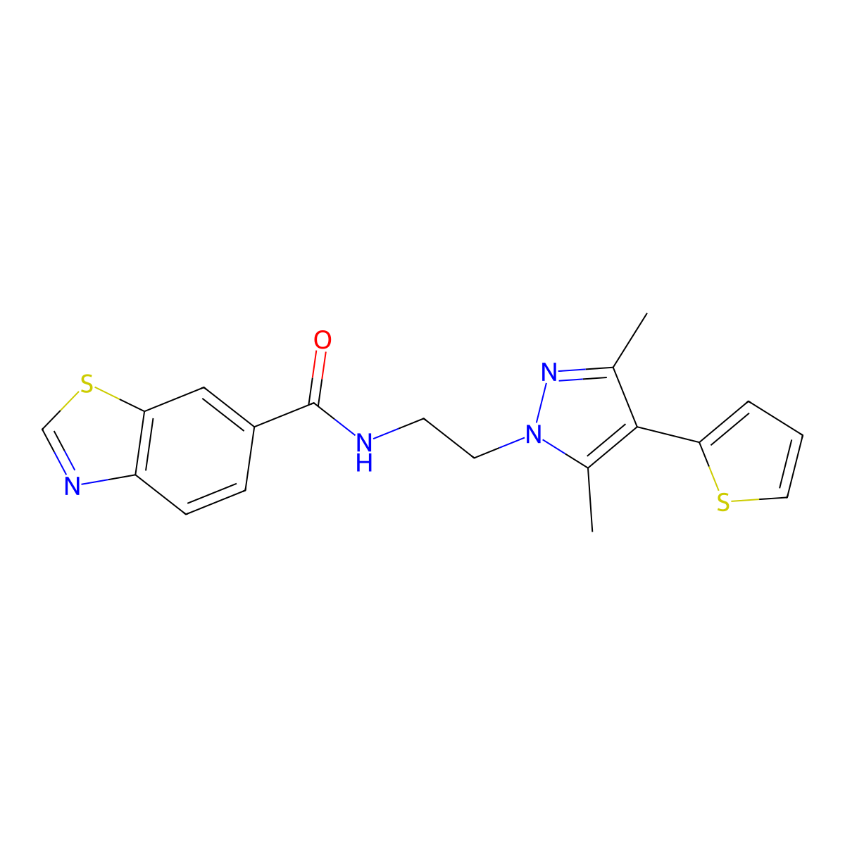 N-(2-(3,5-dimethyl-4-(thiophen-2-yl)-1H-pyrazol-1-yl)ethyl)benzo[d]thiazole-6-carboxamide molecular structure, CAS 2034323-79-8