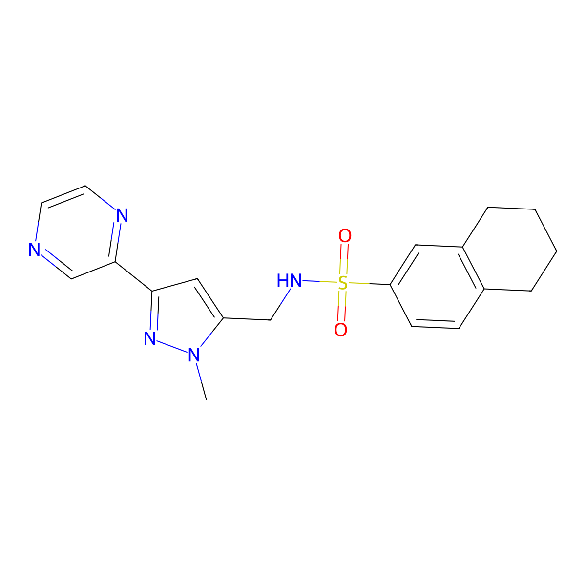 N-{[1-methyl-3-(pyrazin-2-yl)-1H-pyrazol-5-yl]methyl}-5,6,7,8-tetrahydronaphthalene-2-sulfonamide molecular structure, CAS 2034323-81-2