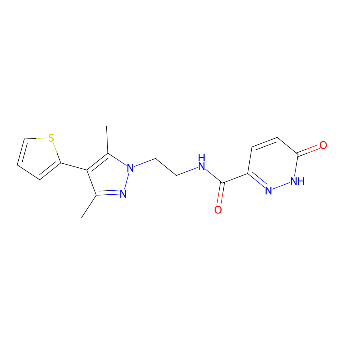 N-(2-(3,5-dimethyl-4-(thiophen-2-yl)-1H-pyrazol-1-yl)ethyl)-6-oxo-1,6-dihydropyridazine-3-carboxamide molecular structure, CAS 2034323-83-4