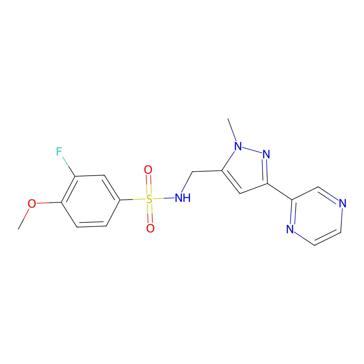 3-fluoro-4-methoxy-N-((1-methyl-3-(pyrazin-2-yl)-1H-pyrazol-5-yl)methyl)benzenesulfonamide molecular structure, CAS 2034323-86-7