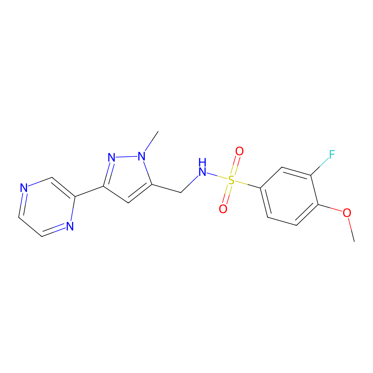 3-fluoro-4-methoxy-N-((1-methyl-3-(pyrazin-2-yl)-1H-pyrazol-5-yl)methyl)benzenesulfonamide molecular structure, CAS 2034323-86-7