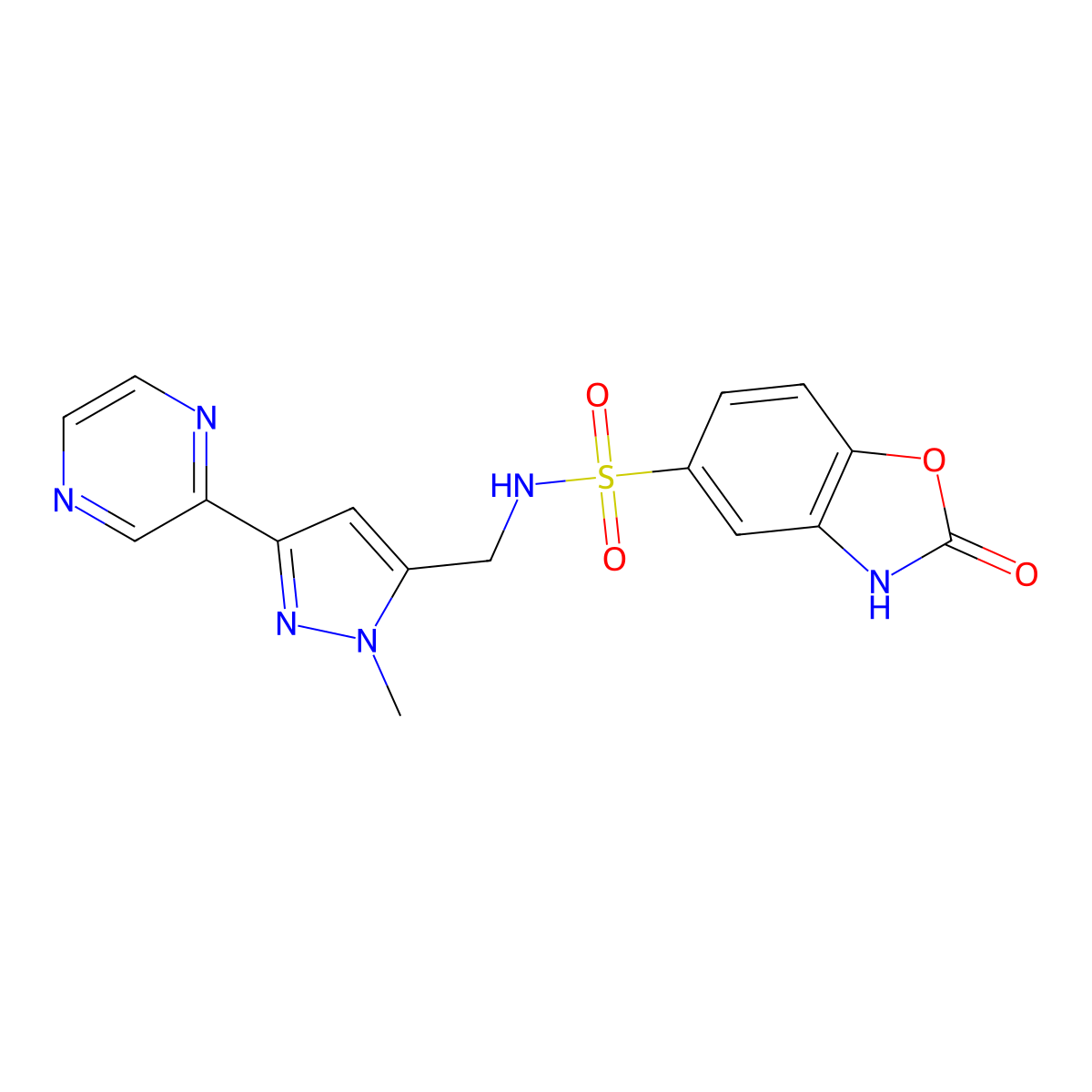 N-((1-methyl-3-(pyrazin-2-yl)-1H-pyrazol-5-yl)methyl)-2-oxo-2,3-dihydrobenzo[d]oxazole-5-sulfonamide molecular structure, CAS 2034323-95-8